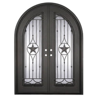 Double entryway doors with a glass panel behind intricate iron detailing. Doors are made of iron and steel and are thermally broken to protect from extreme weather.