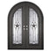 Double entryway doors with a glass panel behind intricate iron detailing. Doors are made of iron and steel and are thermally broken to protect from extreme weather.