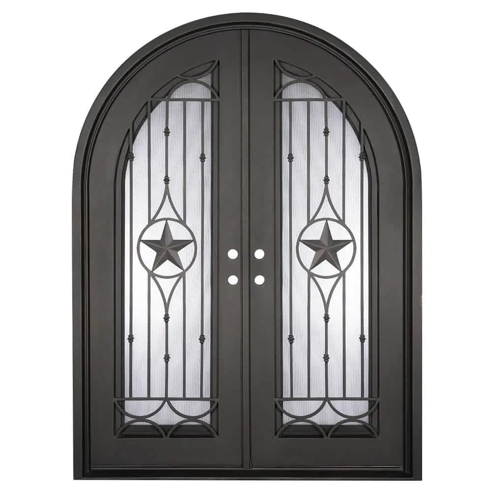 Double entryway doors with a glass panel behind intricate iron detailing. Doors are made of iron and steel and are thermally broken to protect from extreme weather.