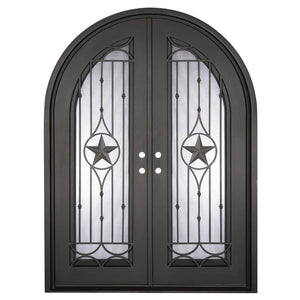 Double entryway doors with a glass panel behind intricate iron detailing. Doors are made of iron and steel and are thermally broken to protect from extreme weather.