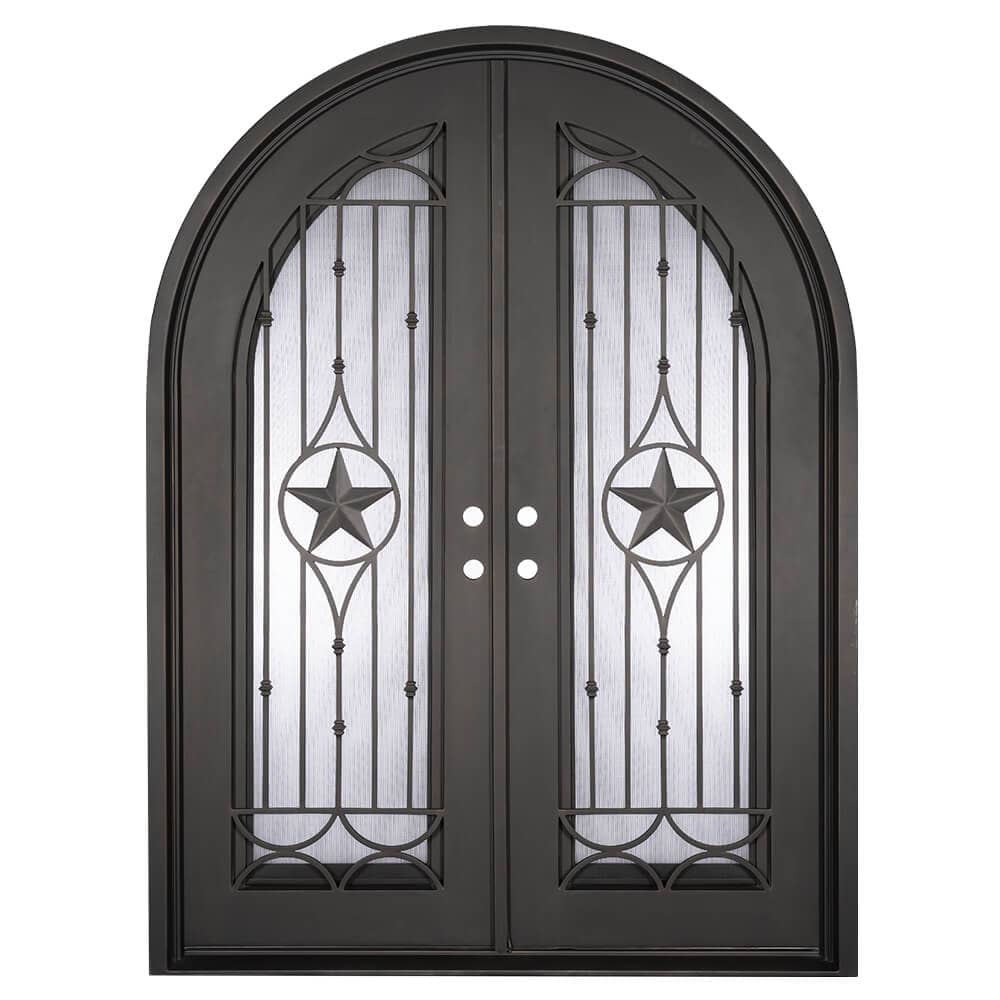 Double entryway doors with a thick iron and steel frame and a full length glass panel on each door behind an iron pattern with a large star in the center. Doors have a full arch and are thermally broken to protect from extreme weather.