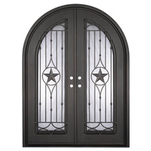 Load image into Gallery viewer, Double entryway doors with a thick iron and steel frame and a full length glass panel on each door behind an iron pattern with a large star in the center. Doors have a full arch and are thermally broken to protect from extreme weather.