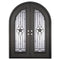 Double entryway doors with a thick iron and steel frame and a full length glass panel on each door behind an iron pattern with a large star in the center.