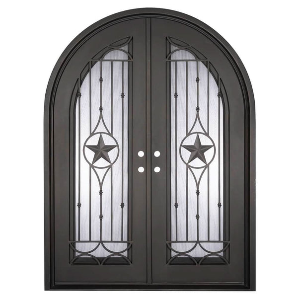 Lone Star radius top double french swing door with hand forged metalwork and glass.