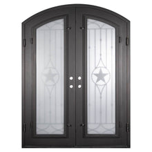 Load image into Gallery viewer, Double entryway doors with a thick iron and steel frame, slight arch on top, and a full length glass panel on each door behind an iron pattern with a large star in the center. Doors are thermally broken to protect from extreme weather.