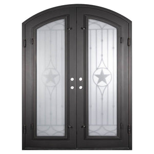 Double entryway doors with a thick iron and steel frame, slight arch on top, and a full length glass panel on each door behind an iron pattern with a large star in the center. Doors are thermally broken to protect from extreme weather.