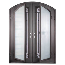 Load image into Gallery viewer, Double entryway doors with a thick iron and steel frame, slight arch on top, and a full length glass panel on each door behind an iron pattern with a large star in the center. Doors are thermally broken to protect from extreme weather.