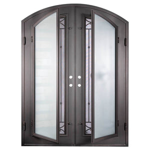 Double entryway doors with a thick iron and steel frame, slight arch on top, and a full length glass panel on each door behind an iron pattern with a large star in the center. Doors are thermally broken to protect from extreme weather.