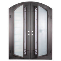 Double entryway doors with a thick iron and steel frame, slight arch on top, and a full length glass panel on each door behind an iron pattern with a large star in the center. Doors are thermally broken to protect from extreme weather.