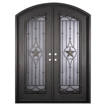 Load image into Gallery viewer, Double entryway doors with a thick iron and steel frame, slight arch on top, and a full length glass panel on each door behind an iron pattern with a large star in the center. Doors are thermally broken to protect from extreme weather.