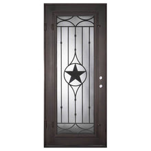 Load image into Gallery viewer, Single entryway door made with a thick iron and steel frame. Door features a full panel of glass behind iron detailing with a large star in the center. Door is thermally broken to protect from extreme weather.