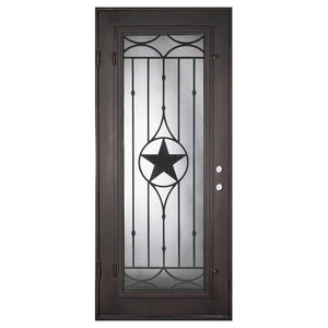 Single entryway door made with a thick iron and steel frame. Door features a full panel of glass behind iron detailing with a large star in the center. Door is thermally broken to protect from extreme weather.