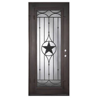 Single entryway door with a thick iron and steel frame and a full length glass panel on each door behind an iron pattern with a large star in the center.