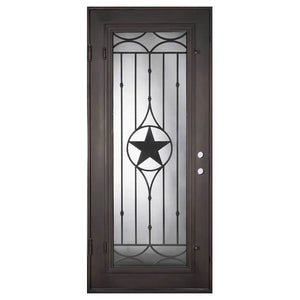 Single entryway door with a full length pane of glass behind intricate iron detailing. Door is thermally broken to protect from extreme weather.