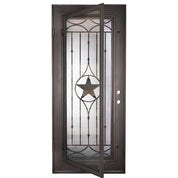 Lone Star Single flat top hinged door with energy efficient glass and scrollwork.