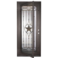 Single entryway door made with a thick iron and steel frame. Door features a full panel of glass behind iron detailing with a large star in the center. Door is thermally broken to protect from extreme weather.