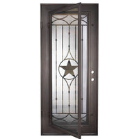 Single entryway door made with a thick iron and steel frame. Door features a full panel of glass behind iron detailing with a large star in the center. Door is thermally broken to protect from extreme weather.