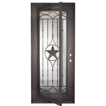 Load image into Gallery viewer, Single entryway door made with a thick iron and steel frame. Door features a full panel of glass behind iron detailing with a large star in the center. Door is thermally broken to protect from extreme weather.