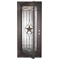 Single entryway door with a full length pane of glass behind intricate iron detailing. Door is thermally broken to protect from extreme weather.