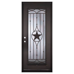 Single entryway door made with a thick iron and steel frame. Door features a full panel of glass behind iron detailing with a large star in the center. Door is thermally broken to protect from extreme weather.