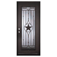 Load image into Gallery viewer, Single entryway door made with a thick iron and steel frame. Door features a full panel of glass behind iron detailing with a large star in the center. Door is thermally broken to protect from extreme weather.