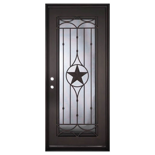 Single entryway door with a thick iron and steel frame and a full length glass panel on each door behind an iron pattern with a large star in the center.