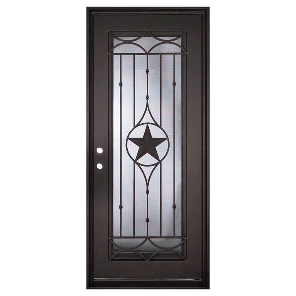 Lone Star Black cold rolled metal single flat top entry door with glass center.