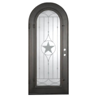 Single entryway door with a thick iron and steel frame and a full length glass panel on each door behind an iron pattern with a large star in the center.