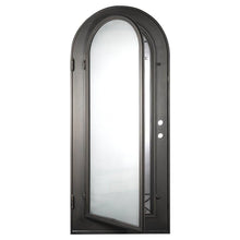 Load image into Gallery viewer, Single entryway door made with a thick iron and steel frame. Door features a full panel of glass behind iron detailing with a large star in the center and a full arch on top. Door is thermally broken to protect from extreme weather.