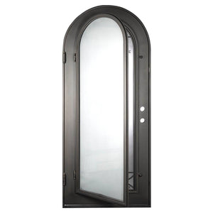 Single entryway door made with a thick iron and steel frame. Door features a full panel of glass behind iron detailing with a large star in the center and a full arch on top. Door is thermally broken to protect from extreme weather.