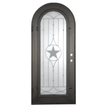 Load image into Gallery viewer, Single entryway door made with a thick iron and steel frame. Door features a full panel of glass behind iron detailing with a large star in the center and a full arch on top. Door is thermally broken to protect from extreme weather.