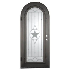 Single entryway door made with a thick iron and steel frame. Door features a full panel of glass behind iron detailing with a large star in the center and a full arch on top. Door is thermally broken to protect from extreme weather.