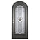 Single entryway door with a thick iron and steel frame and a full length glass panel on each door behind an iron pattern with a large star in the center.