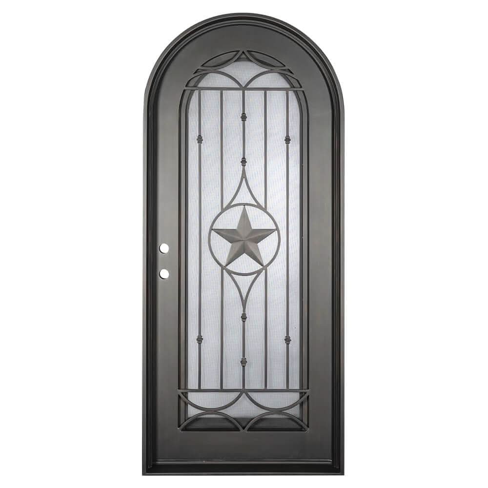 Single entryway door with a thick iron and steel frame and a full length glass panel on each door behind an iron pattern with a large star in the center.