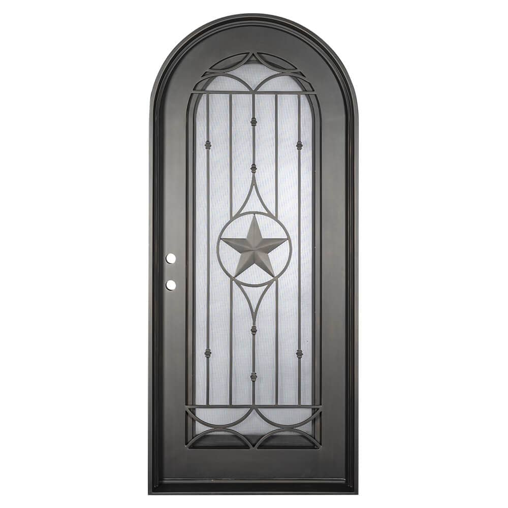 Single entryway door made with a thick iron and steel frame. Door features a full panel of glass behind iron detailing with a large star in the center and a full arch on top. Door is thermally broken to protect from extreme weather.