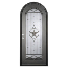 Load image into Gallery viewer, Single entryway door made with a thick iron and steel frame. Door features a full panel of glass behind iron detailing with a large star in the center and a full arch on top. Door is thermally broken to protect from extreme weather.