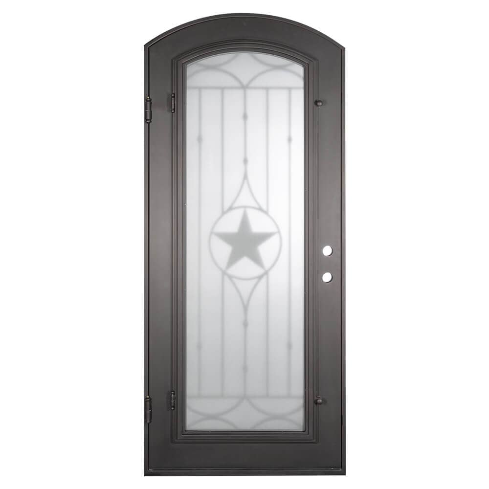 Lone Star black exterior iron single arch top door with decorative metalwork.