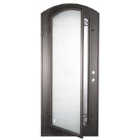 Single entryway door made with a thick iron and steel frame. Door features a full panel of glass behind iron detailing with a large star in the center and a slight arch on top. Door is thermally broken to protect from extreme weather.
