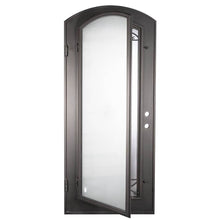 Load image into Gallery viewer, Single entryway door made with a thick iron and steel frame. Door features a full panel of glass behind iron detailing with a large star in the center and a slight arch on top. Door is thermally broken to protect from extreme weather.