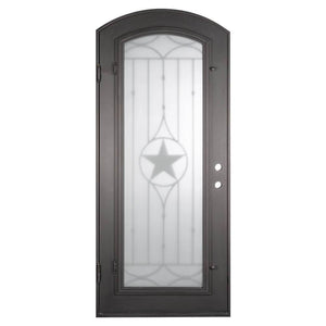 Single entryway door made with a thick iron and steel frame. Door features a full panel of glass behind iron detailing with a large star in the center and a slight arch on top. Door is thermally broken to protect from extreme weather.