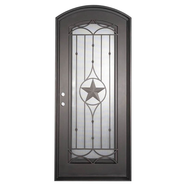 Lone Star pre-hung black cold rolled metal single arch top door with scrollwork.