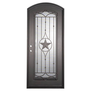Single entryway door made with a thick iron and steel frame. Door features a full panel of glass behind iron detailing with a large star in the center and a slight arch on top. Door is thermally broken to protect from extreme weather.