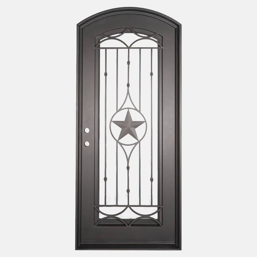 Lone Star single eyebrow arch top hinged door with thick glass and scrollwork.