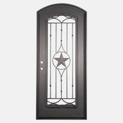 Lone Star single eyebrow arch top hinged door with thick glass and scrollwork.