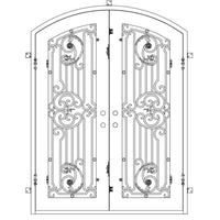 Double entryway doors with a thick iron and steel frame and a full pane of glass behind intricate iron detailing.