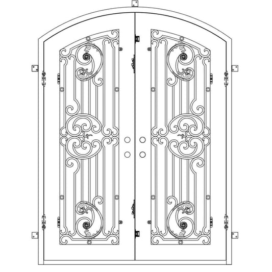 Double entryway doors with a thick iron and steel frame and a full pane of glass behind intricate iron detailing.