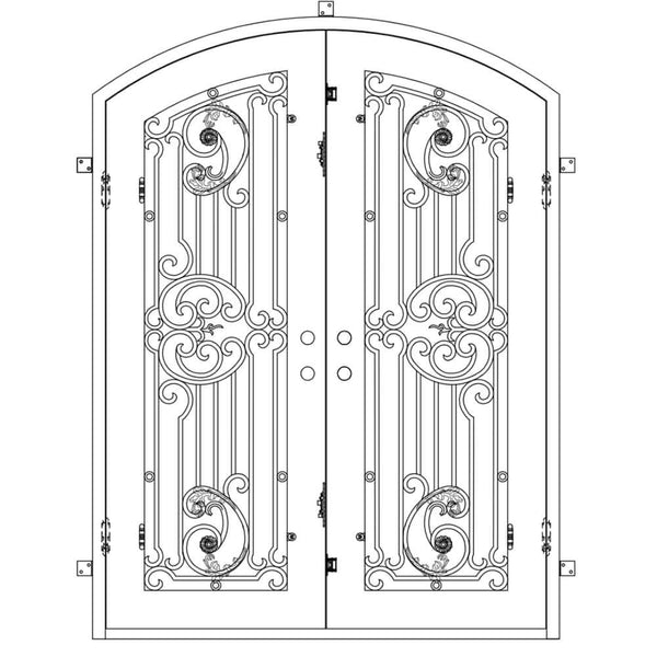 Manhattan iron double door with arch top and glass in bronze color.