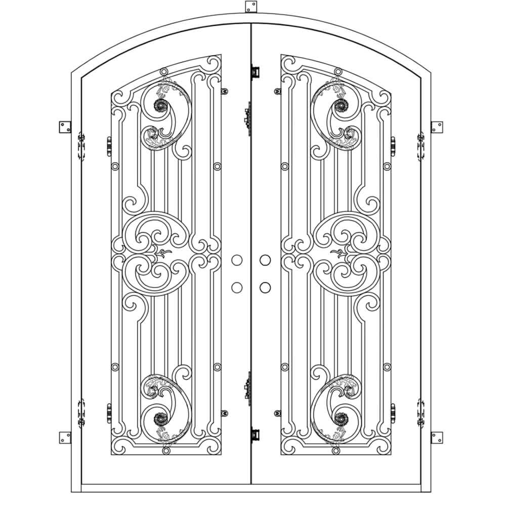 Double entryway doors with a thick iron and steel frame and a full pane of glass behind intricate iron detailing.