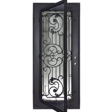 Load image into Gallery viewer, Single entryway door with a thick iron and steel frame and a full pane of glass behind intricate iron detailing.