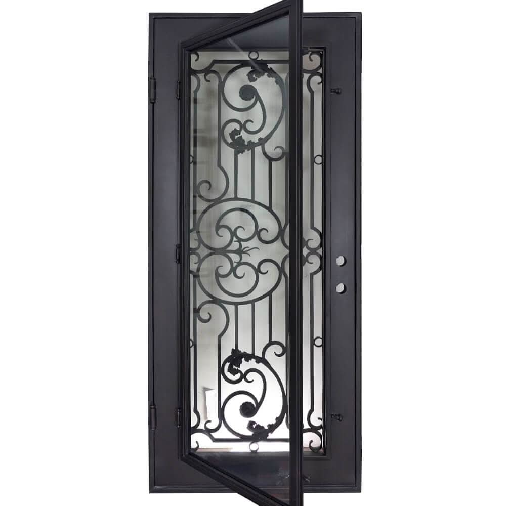 Manhattan Bronze color wrought iron flat top single hinged door with glass center.